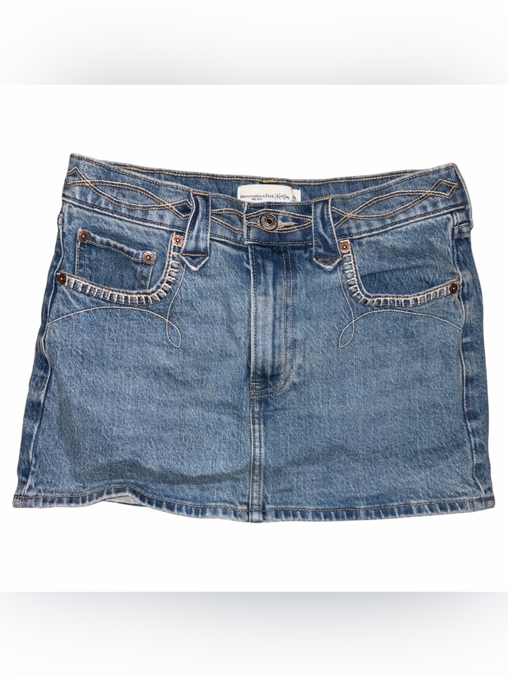 Abercrombie x Kemo Sabe Embroidered Denim Mini Skirt 25, Medium Wash Mid Rise
